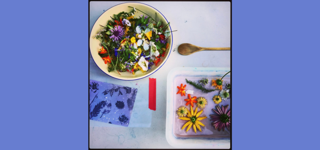 a bowl and container full of flower petals, a wooden spoon, and a phytogram.