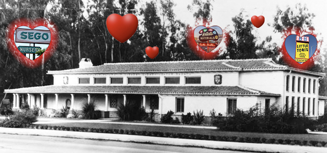 North Hollywood Library building with floating hearts overhead that feature local business signs inside