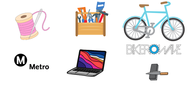 Photo includes a spool of thread, laptop, repair box, LA Metro sign, bicycle and knife sharpening block.
