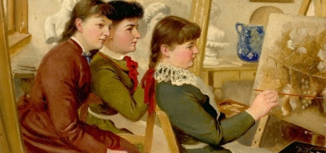two women watching a woman painting