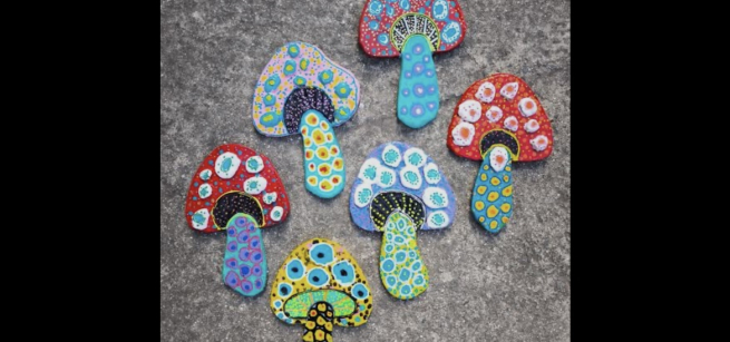 Polka Dotted Mushrooms in art style of Yayoi Kusama.