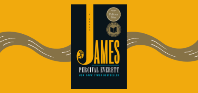 The cover of the book James over a symbolic river on a marigold color background