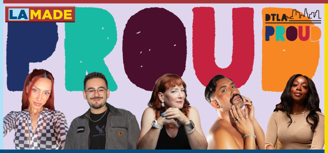 5 people against a colorful barckground that spells out PROUD