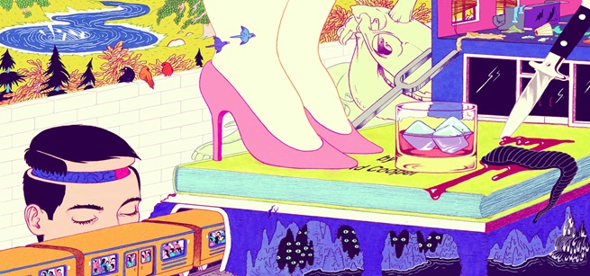 Illustration of a face, twoo feet and a knife