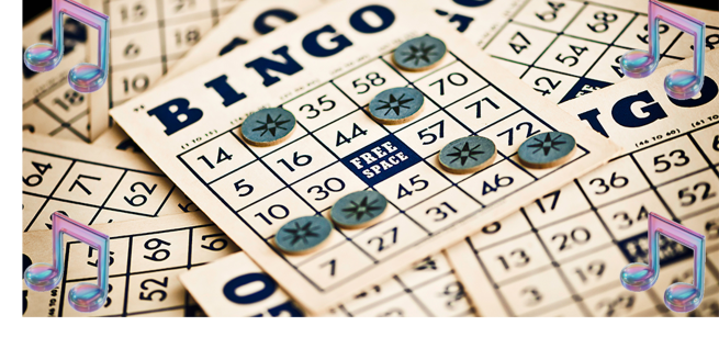 Picture of a bingo board with music notes. 