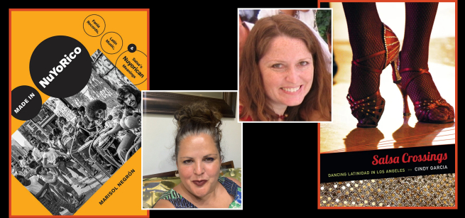 Authors Marisol Negrón And Cindy García are pictured smiling next to their respective books, Made in NuYoRico And Salsa Crossings.