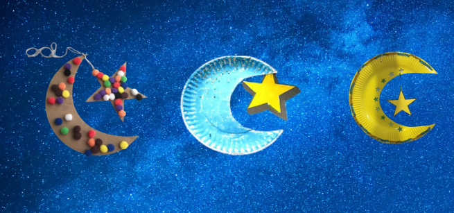 Three crescent moons connected to paper stars made out of paper plates. 