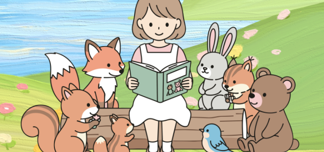 Cartoon girl reading a book to woodland animals in nature. 