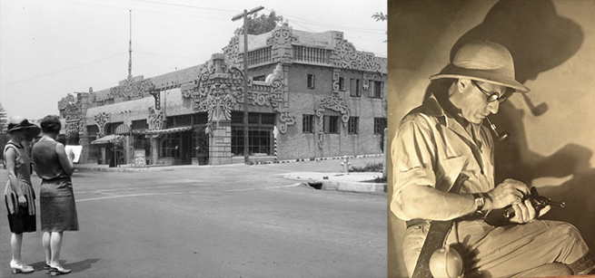Two women stand in the street to admire the Aztec Hotel in Monrovia, and a pith helmet portrait of architect Robert Stacy-Judd in khakis and a 