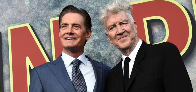 David Lynch and Kyle McLaughlin and a red curtain that says Twin Peaks