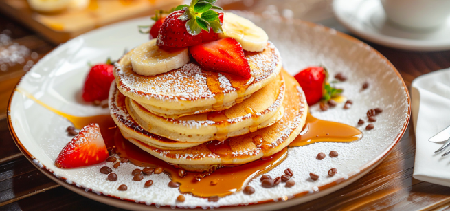 A stack of pancakes with syrup and fruit