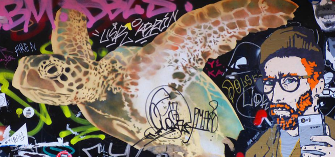 a collage of images including a sea turtle, vincent van gogh, and graffiti writing