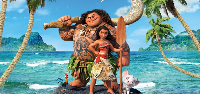 A young Polynesian teenager holding a wooden oar and demigod Maui behind her.