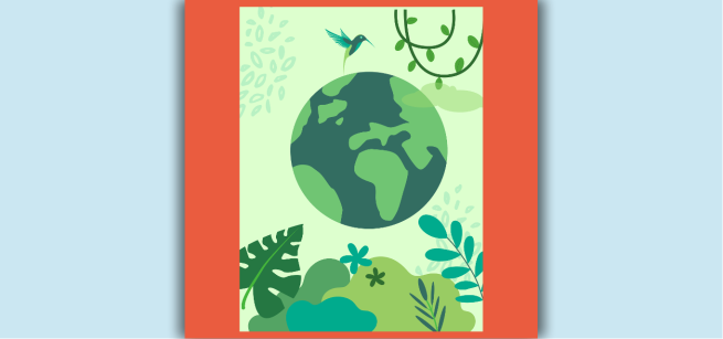 Illustration of the Earth, leaves and vines and flower shapes. A small hummingbird hovers over the Earth.
