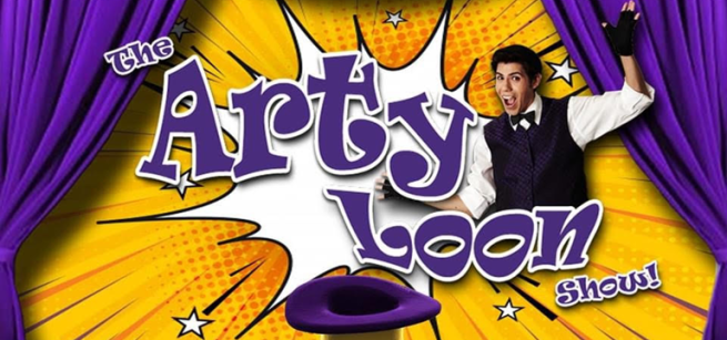logo with a magician and a top hat depicted on a yellow stage with purple curtains and words "The Arty Loon Show"