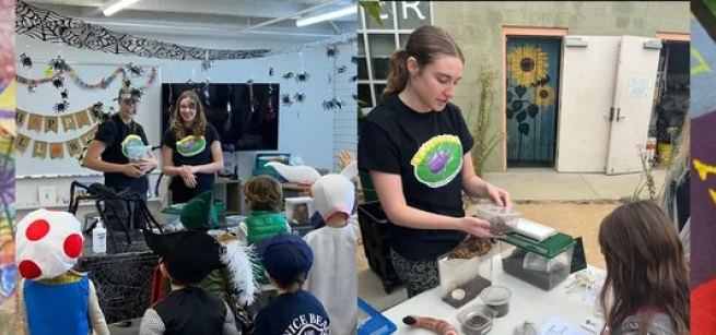 The left image is two young women presenting a program in front of a group of children. The image on the left is a young woman sharing insect specimens with a child.