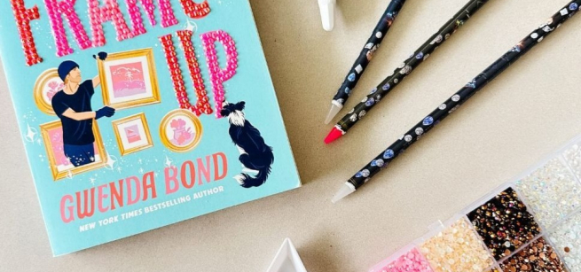 Book with rhinestones, wax pencil, glue, and box of colorful rhinestones