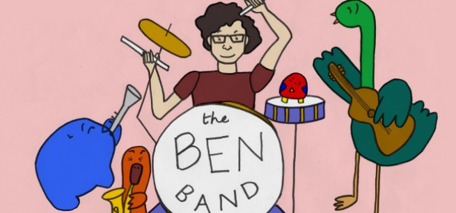 A colorful illustration of The Ben Band, featuring Ben on his drum kit and his Australian animal bandmates. 