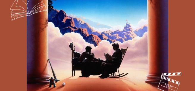 Foreground: A man reading a bedtime story in shadow and a fantasy landscape background. 
