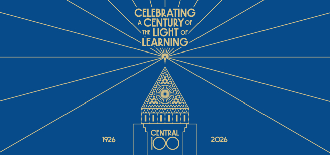Central 100 logo shaped like Central Library and tagline that reads Celebrating a Century of the Light of Learning