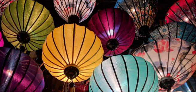 Colorful Chinese lanterns in the sky
