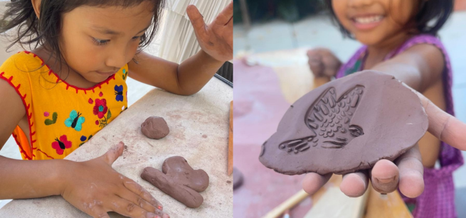 two photos of a girl working with clay and holding up her imprint of a bird in clay