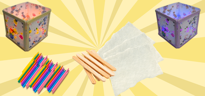 two paper lanterns with paper, markers  and craft sticks on a yellow sunburst background