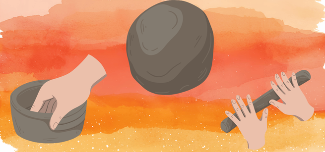 Ball of clay, hand rolling out clay into coil and a hand pinching coils into a pot on an orange background.