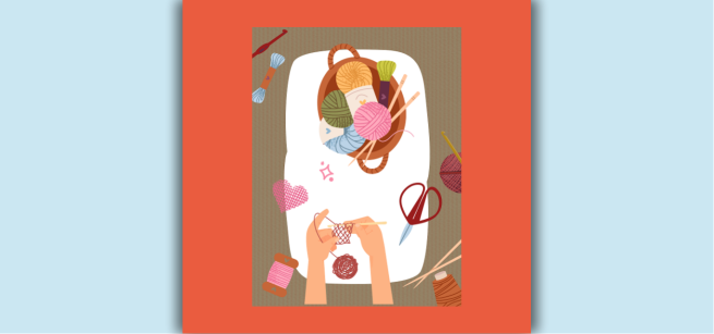 Illustrations of knitting hands, colorful yarn balls and string, sewing scissors and knitting needles. 