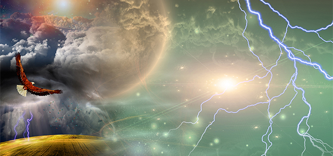 space features with planet lightning stars and birds