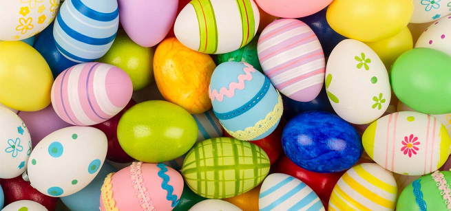 Close-up of many coloful decorated eggs for Easter