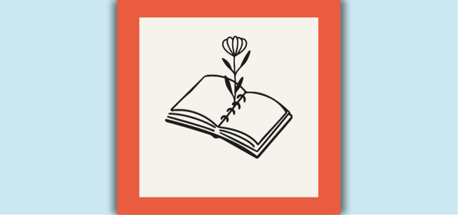 An illustration on ivory background of a book with blank pages and a flower growing from the center.