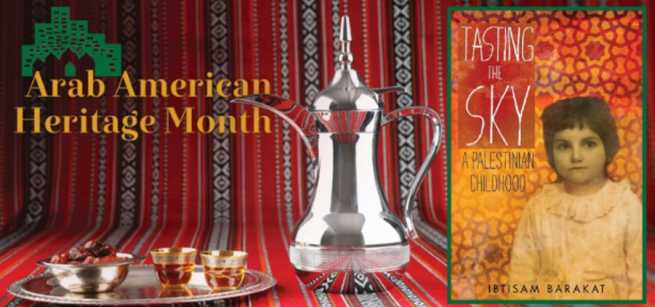 Bowl of dates and silver teapot, alongside Ibtisam Barakat's memoir "Tasting the Sky"