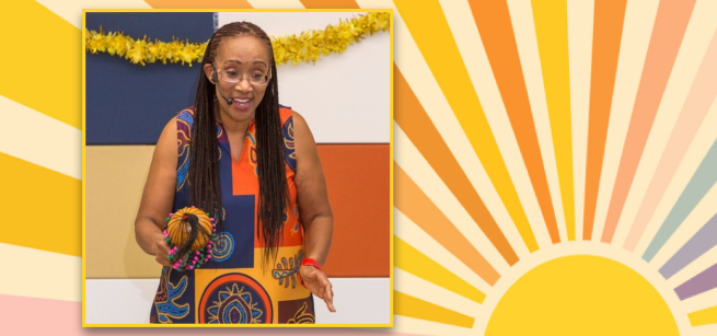 photo of storyteller Ina Buckner-Barnette in a colorful dress, with a colorful picture of sunshine in the background