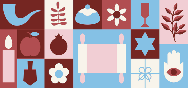 A variety of simplified symbols associated with Judiasm and Jewish holidays