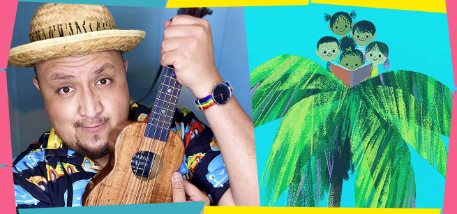 A smiling man in a hat holds up a ukulele next to a graphic of children reading in a palm tree