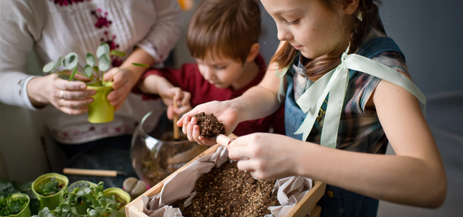 Close-up of children watering an outdoor vegetable garden