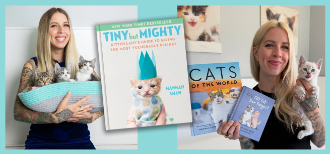 Hannah Shaw posing with a bunch of kittens and her books