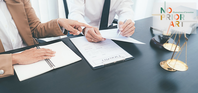 The hand of a person in a suit points to a document held by another person, next to a gavel and scales