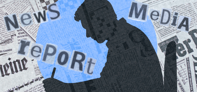 Silhouette of a seated man writing with newspaper imagery in the background.