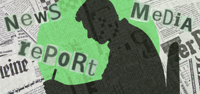 Silhouette of a seated man writing with newspaper imagery in the background.