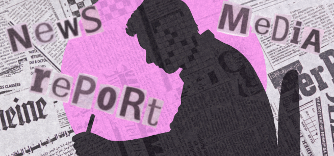 Silhouette of a seated man writing with newspaper imagery in the background.