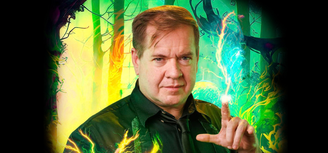 Magician bust with electric bolt emanating from his fingertip