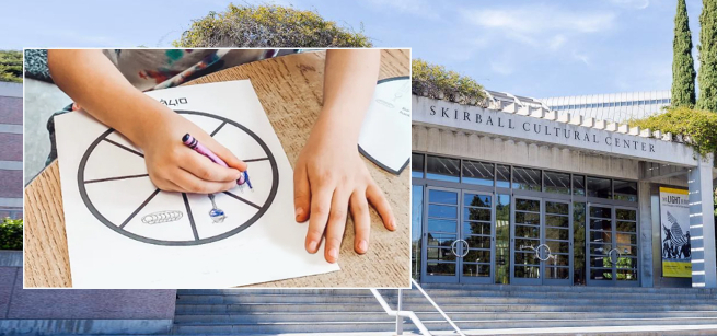 the skirball center and a childs hands drawing on a mitzvah wheel