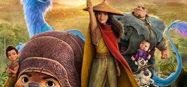 Raya holding a glowing orb near the film's mythical characters