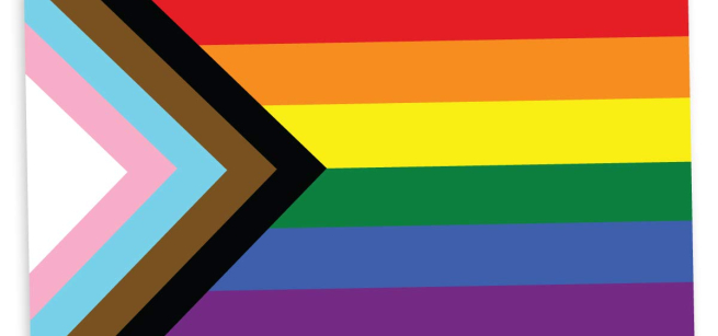 Progress Pride Flag-rainbow flag. With stripes of black and brown to represent marginalized LGBTIQ+ people of color and the triad of blue, pink, and white from the trans flag