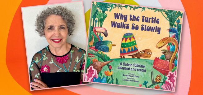 photo of author Sandra Martin Denis, with the cover of her book, featuring a turtle with a colorful shell and many tropical birds and reptiles around it 