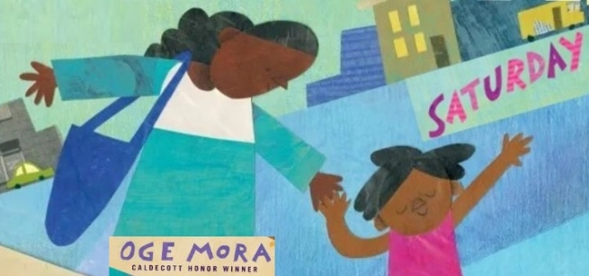 Book cover for the title Saturday. A drawing of a mother and daughter holding hands and running