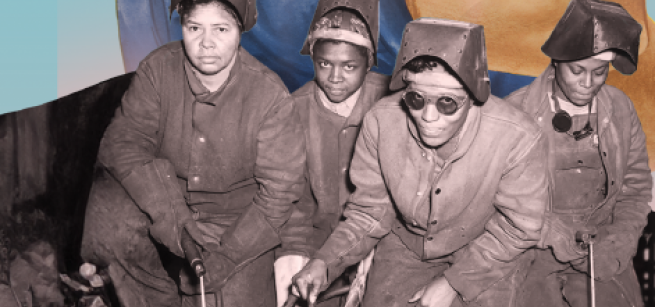 A historical photo group of four female industrial workers looking at the camera while doing their jobs.