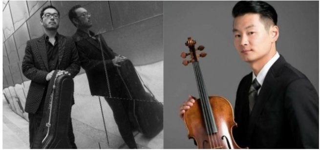 combined photos of 2 musicians with their instruments